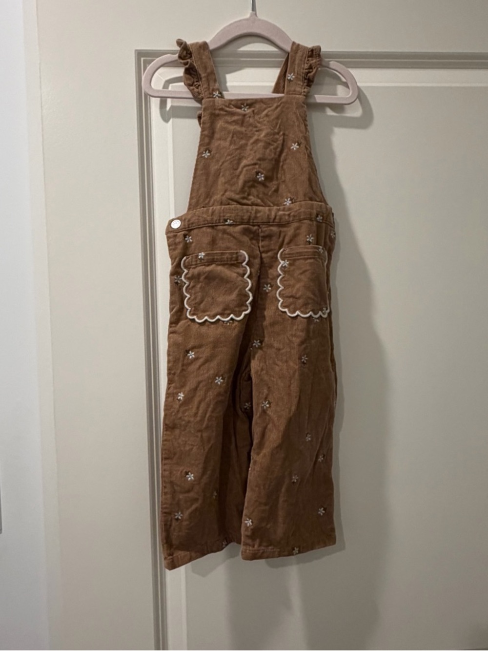 Zara Brown Corduroy Floral-Embroidered Overalls
